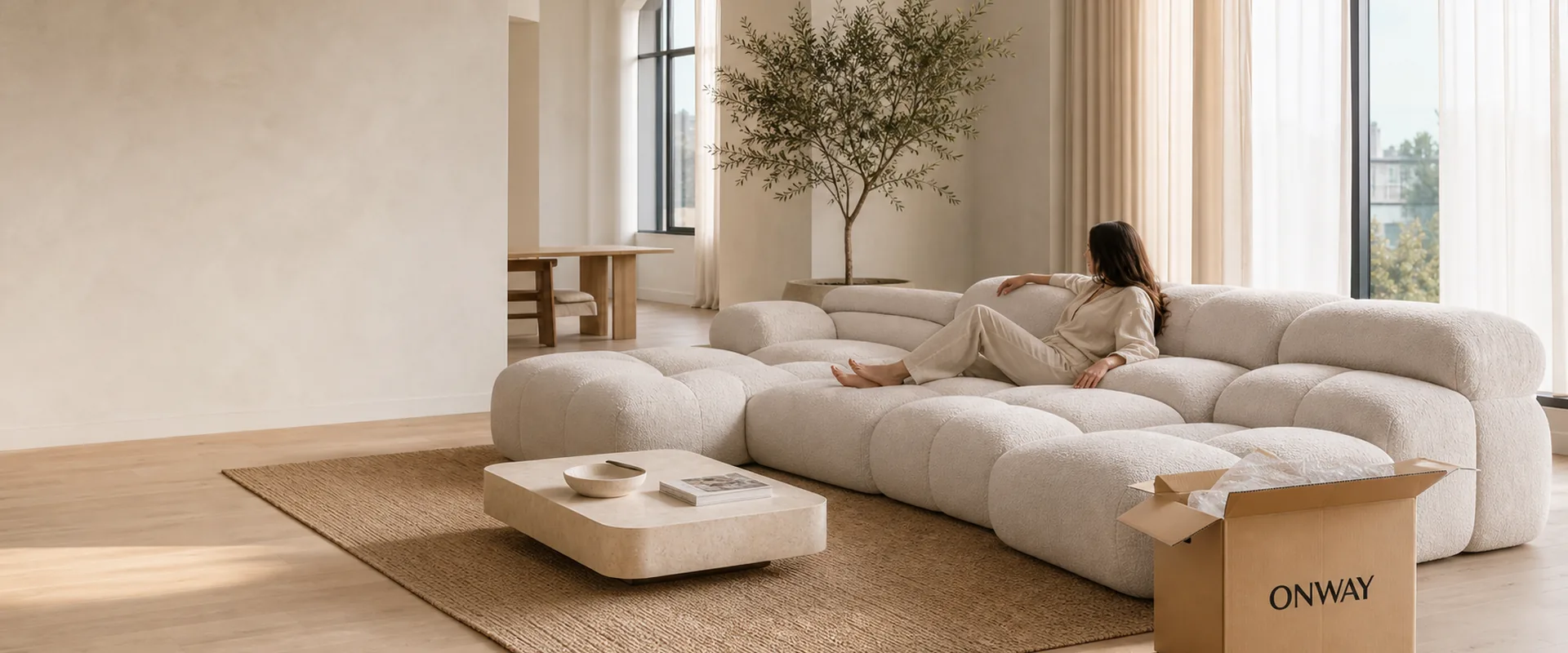 ONWAY premium compressed modular sofa expanded beside a compact boxed package